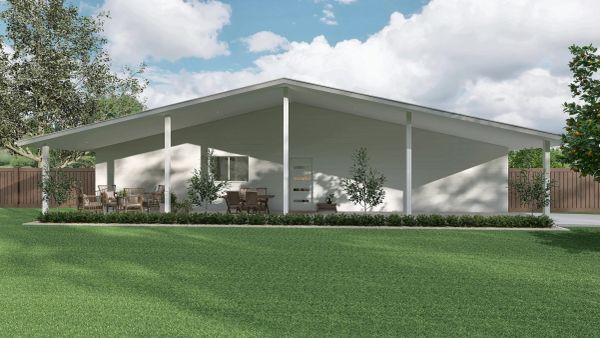 Modern white house with large covered porch.