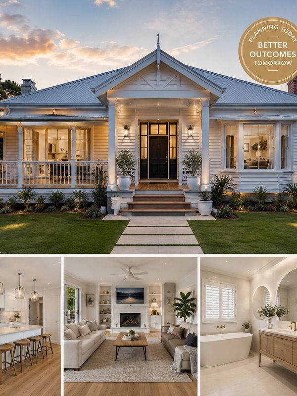 Elegant white house with cozy interior and modern bathroom.