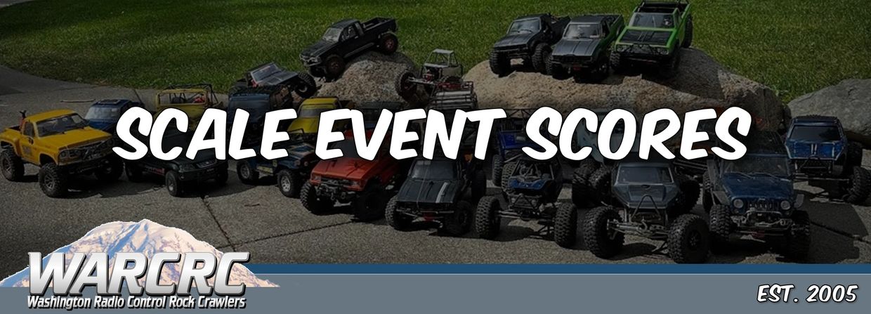 A lineup of radio-controlled rock crawler vehicles with event scores banner.