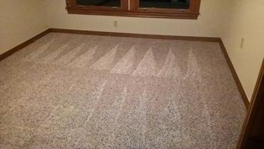 Empty room with clean, vacuumed carpet and wooden window frame.