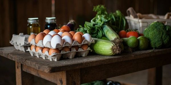 A rustic table topped with farm fresh eggs, produce, and honey jars