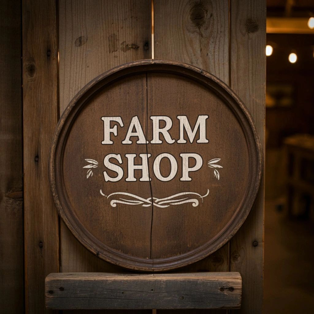 A large rustic sign that says "Farm Shop" sitting on top of a wood beam.