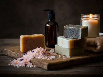 Bath salts, four bars of soap, a lotion bottle, and a lit candle on top of a wooden tray