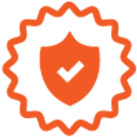 An orange shield with a checkmark, symbolizing security and trust.