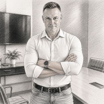 Confident man with folded arms in a modern office setting.