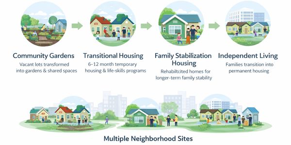 Diagram illustrating a housing support program from gardens to independent living.