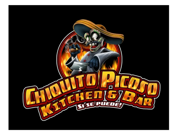 company logo, guy holding a butcher knife and cigar with a sombrero, flames on background