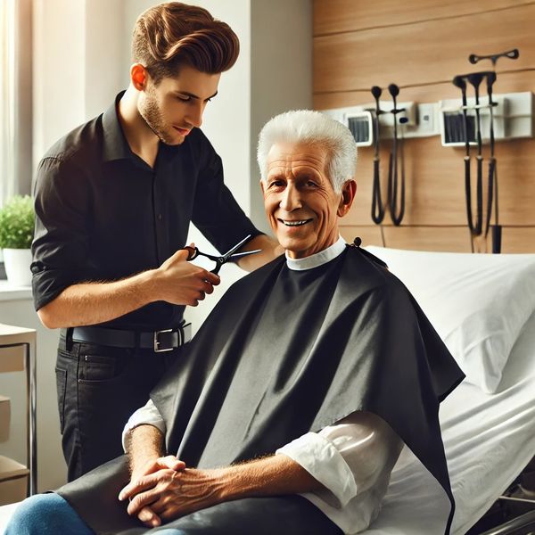 Young barber cutting an elderly man's hair in a cozy setting.