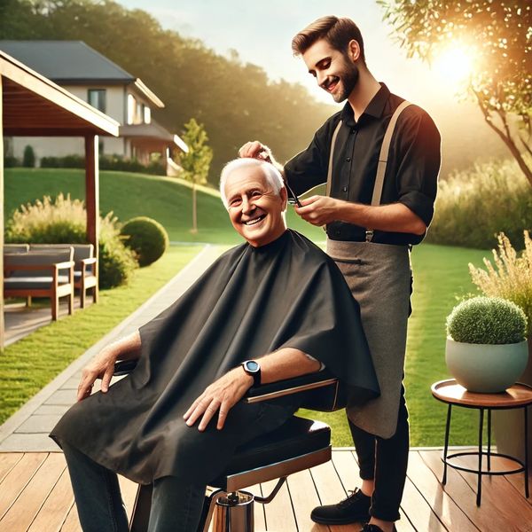 Young barber giving an elderly man a haircut outdoors in a sunny garden.