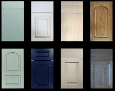 Eight different cabinet door styles in various colors and finishes.