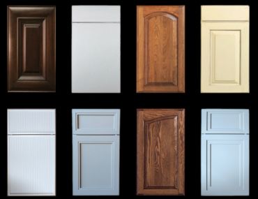 Eight different styles and colors of cabinet doors.