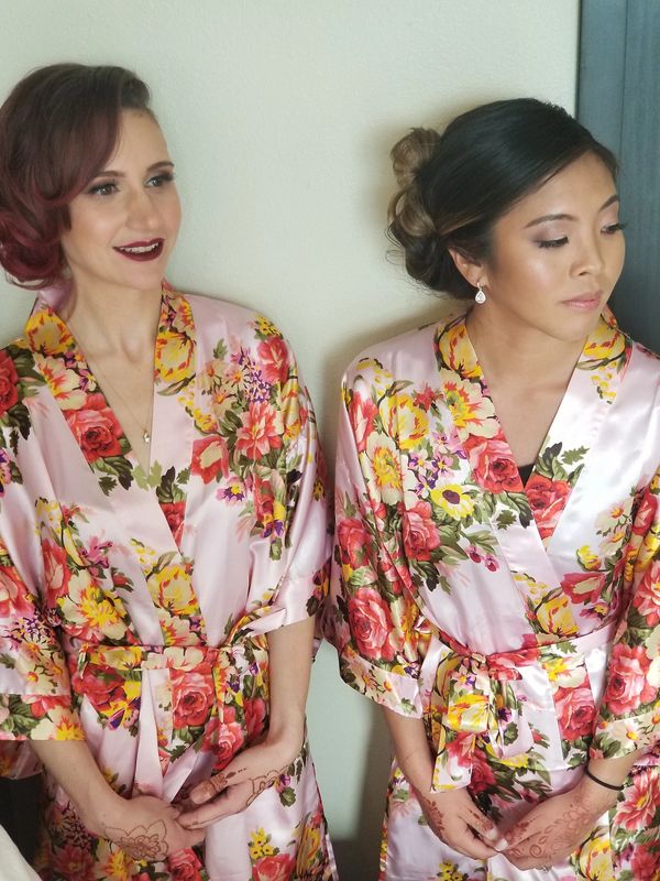 makeup done for two women in floral dress