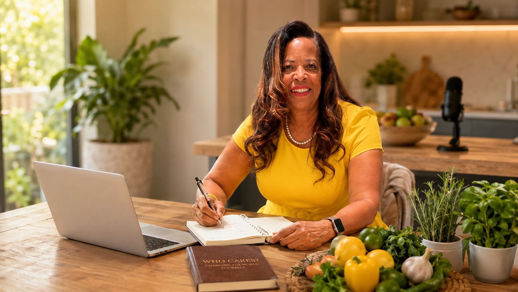 Author Charmène M. Vega, known as Mama Vega®, is writing at her kitchen table beside fresh vegetable
