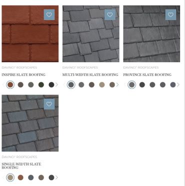 Various styles and colors of DaVinci slate roofing tiles.