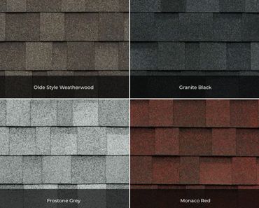 Four types of roofing shingles in different colors and styles.