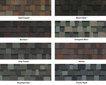 Various asphalt shingle roof color samples with names.
