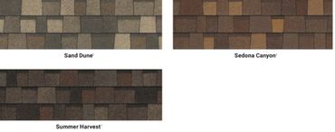 Three types of roof shingles: Sand Dune, Sedona Canyon, Summer Harvest.