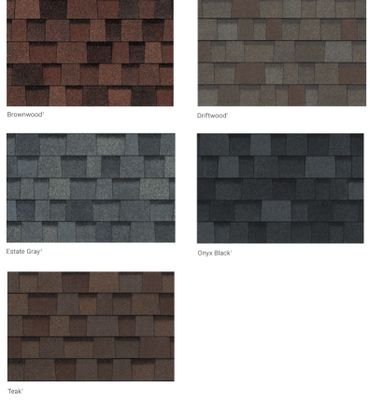 Five different colored roofing shingles samples with labels.