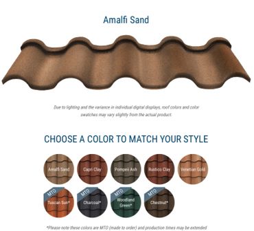 Roof tile color options including Amalfi Sand and others for style matching.