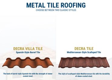 Comparison of two metal tile roofing styles: Decra Villa and Decra Tile.