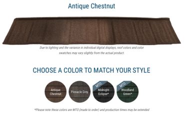 Roof color options including Antique Chestnut, Pinnacle Grey, Midnight Eclipse, and Woodland Green.