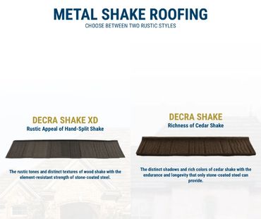 Comparison of two rustic metal shake roofing styles: Decra Shake XD and Decra Shake.