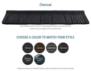 Charcoal roof color sample with six style-matching color options.