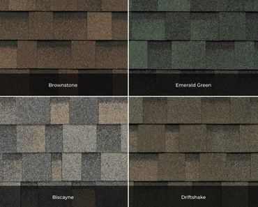 Four types of roof shingles: Brownstone, Emerald Green, Biscayne, and Driftshake.