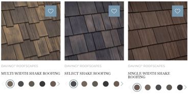 Three types of Davinci Roofscapes shake roofing samples in various colors.
