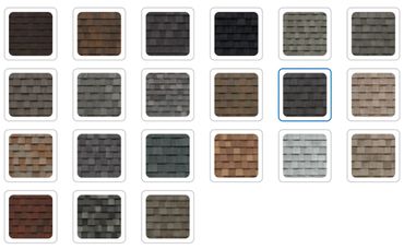 Grid of various colored roof shingles arranged in rows and columns.