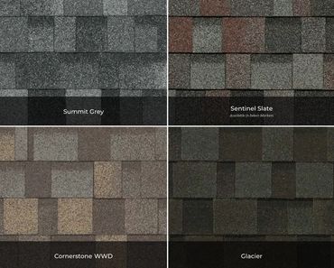 Four types of roofing shingles in different colors and patterns.