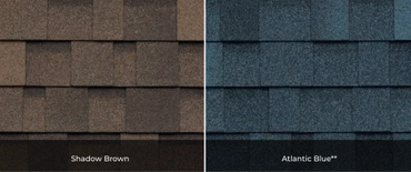 Comparison of Shadow Brown and Atlantic Blue roof shingles.