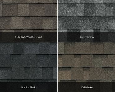 Four roofing shingle colors: Olde Style Weatherwood, Summit Grey, Granite Black, Driftshake.