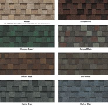 Various colored asphalt shingles including Amber, Brownwood, Chateau Green, and more.