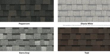 Four roofing shingle color samples labeled Peppercorn, Shasta White, Sierra Gray, and Teak.