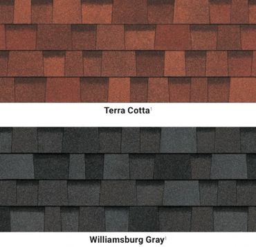 Two types of roofing shingles: Terra Cotta and Williamsburg Gray.