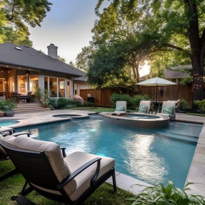 In this serene backyard located in Tulsa, Oklahoma, a captivating pool takes center stage. 