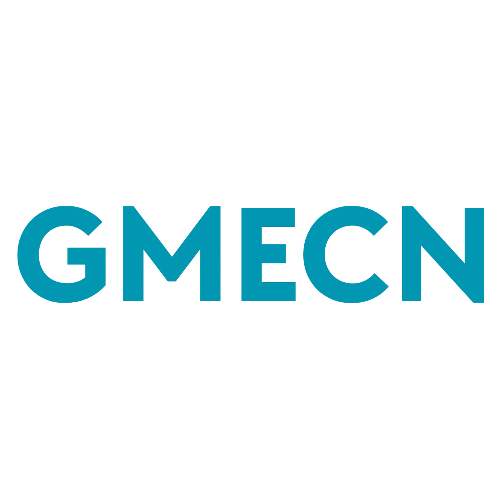 GMECN logo with blue letters on a black background.