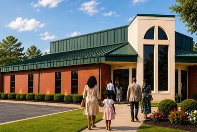 Family walking towards a church building.