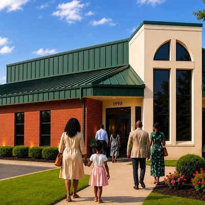 Family entering a modern church building on a sunny day.