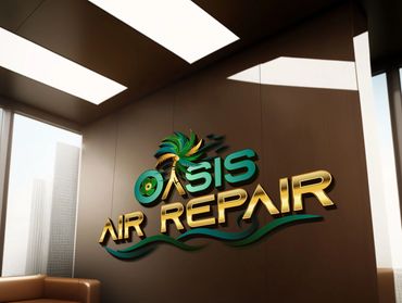 Modern office wall with Oasis Air Repair logo featuring palm tree and fan.