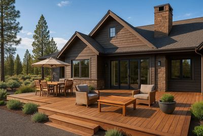 A large deck with furniture and tables outside of the house. Home improvement, outdoor spaces, expert craftsmanship