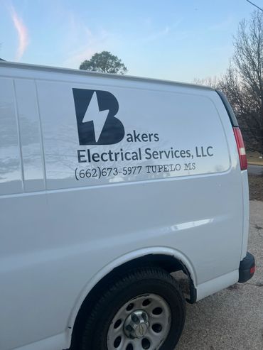 White van with Bakers Electrical Services logo and contact info in Tupelo, MS.