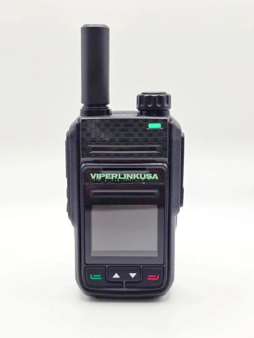 Black handheld walkie-talkie with screen and buttons.