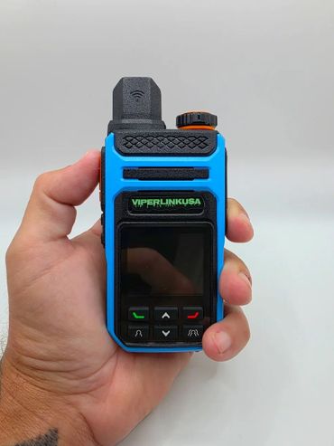 Hand holding a blue and black walkie-talkie labeled VIPERLINKUSA.