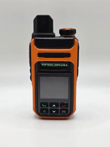 Orange and black handheld walkie-talkie with display and buttons.
