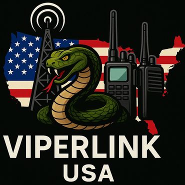 Logo of Viperlink USA with a snake, radio tower, and walkie-talkies over a US flag map.