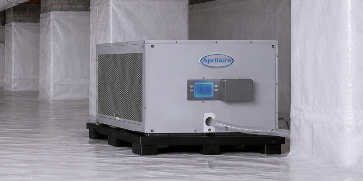 Crawlspace dehumidifier installed in a clean encapsulated crawlspace.