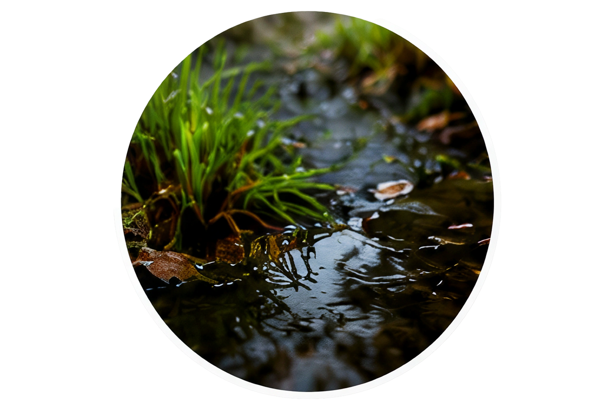 Standing water near a home's foundation caused by poor yard drainage after rainfall.