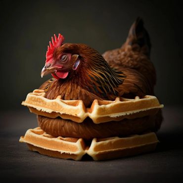 A chicken nestled between two waffles, eyes closed.